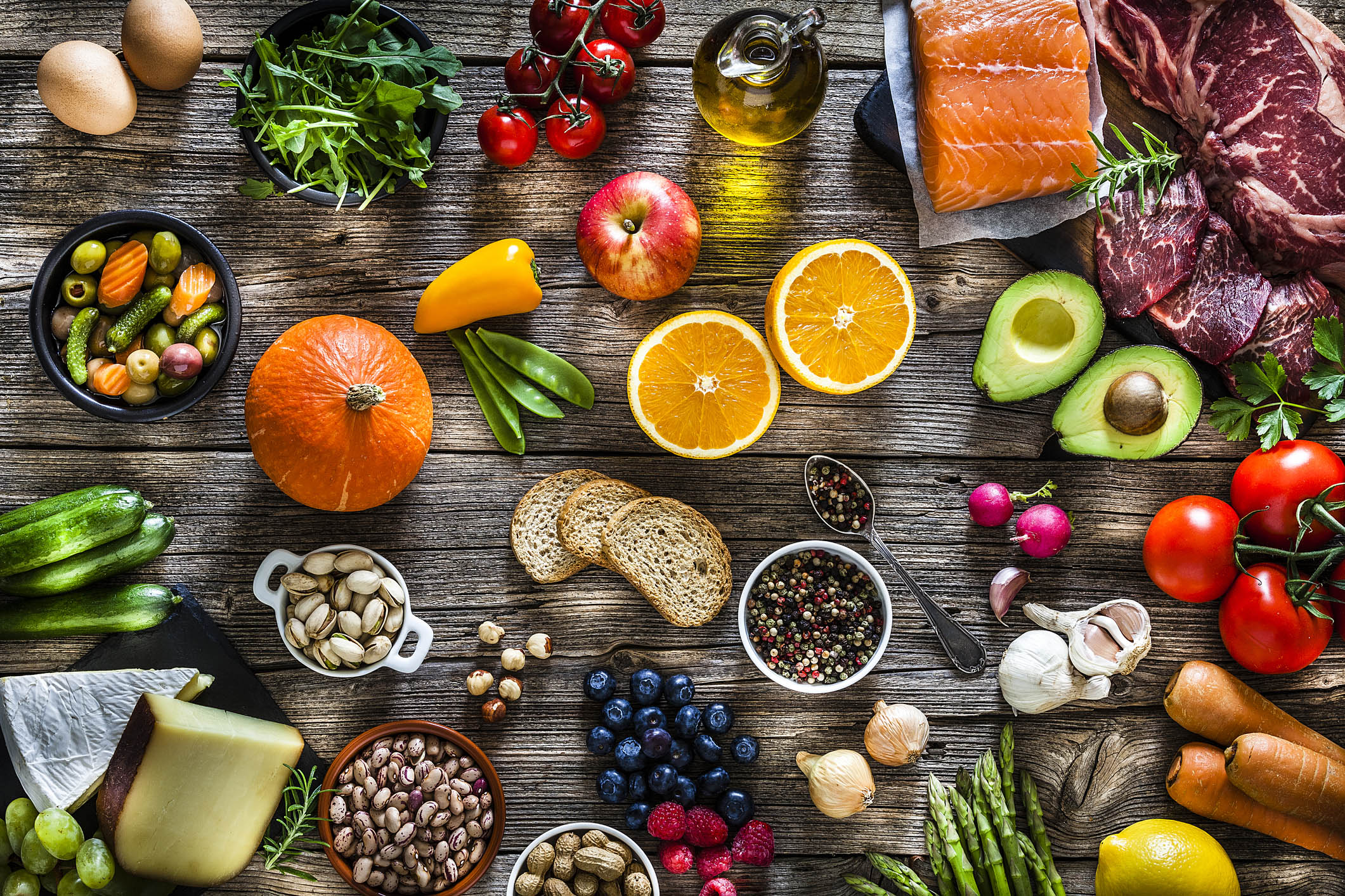 Food backgrounds: table filled with large variety of food